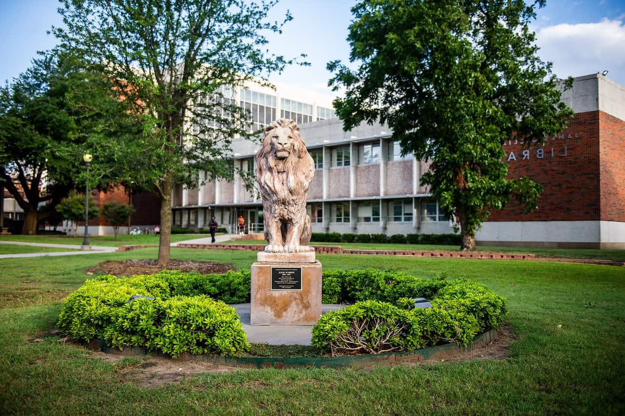 Lion Architecture outside library.